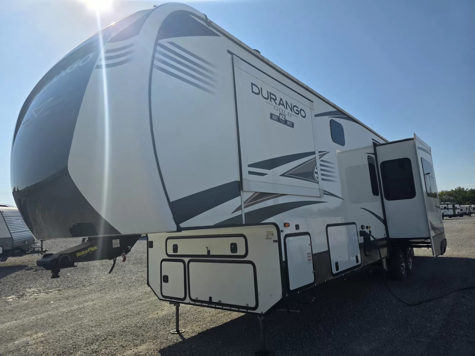 2021 KZ Durango Gold 391RKQ fifth wheel rear exterior available at Bell Camper Sales in Bartlesville, Oklahoma